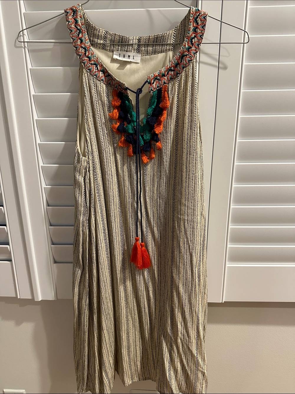 THML Cream Striped Midi Dress with Embroidered Neckline and Tassels